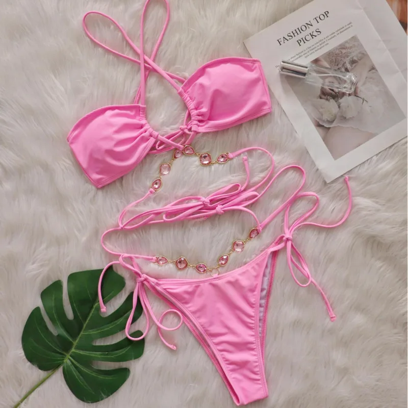 Bikini rosa con diamantes de imitación para mujer, traje de baño Sexy con realce, ropa de playa, piscina, 2024