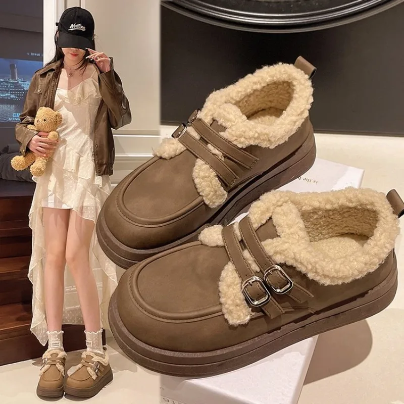 

Autumn and Winter British Style Small Leather Shoes for Female New Student's Japanese Vintage Plush Warm Cotton Shoes for Women