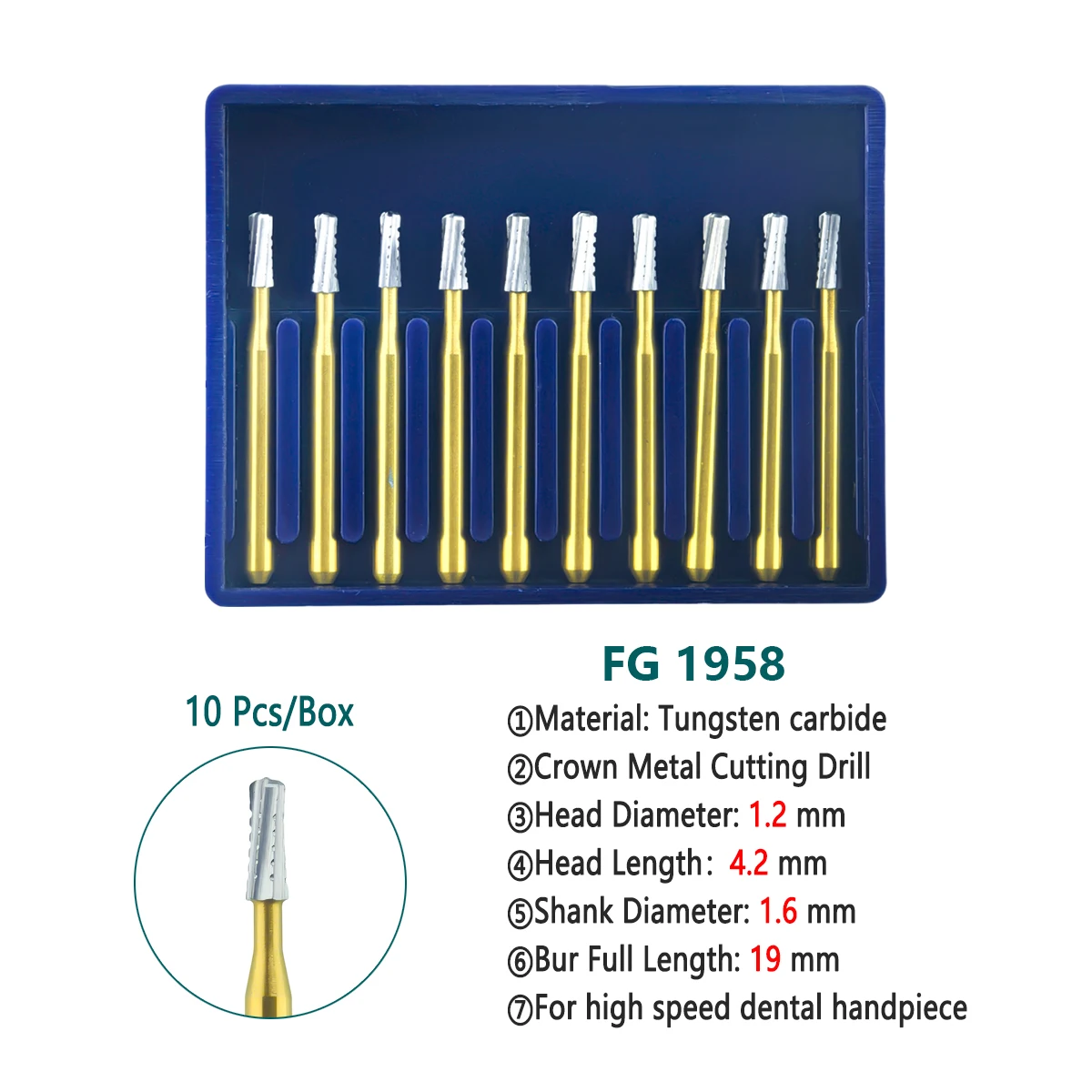 10Pcs/Box Dental Tungsten Carbide Burs High Speed Tungsten Steel Crown Cutting Burs Dia.1.6mm FG1957/FG1958 Dentistry Tools
