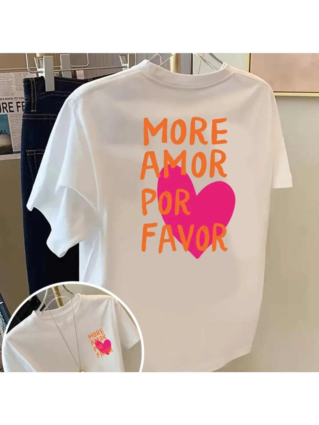 Women's More Amor Por Favor Graphic T Shirt Cotton Pink Heart Letter Print Vintage Casual Oversized Short Sleeve Tee Summer Top