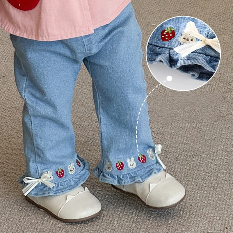 

Cartoon Embroidered Toddler Jeans for 0-5Y Girls Autumn New Frilly Hem Elastic Waist Loose Denim Pants