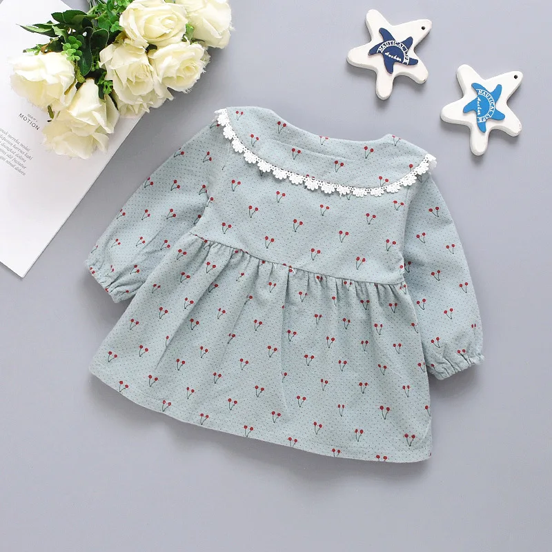 Spring and Autumn Girl Long sleeved Top Children\'s Cherry Print Lace Doll Neck Clothes Girl Bow Top