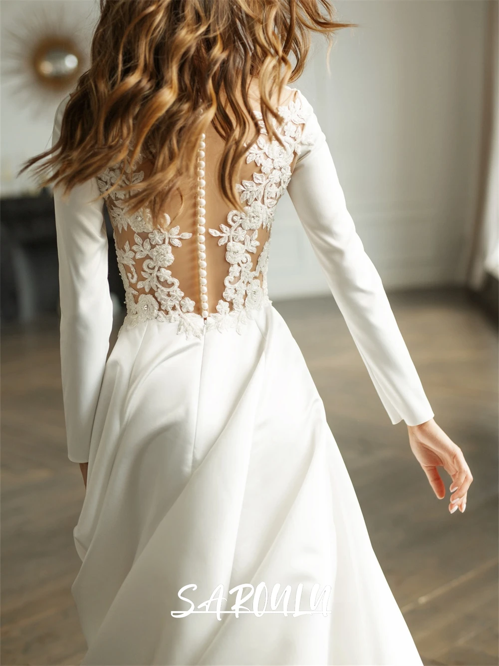 Illusion Lace Back Women Bride Dresses Full Sleeves A Line Wedding Gown Zipper Button Custom Make Bridal Gown High Quality