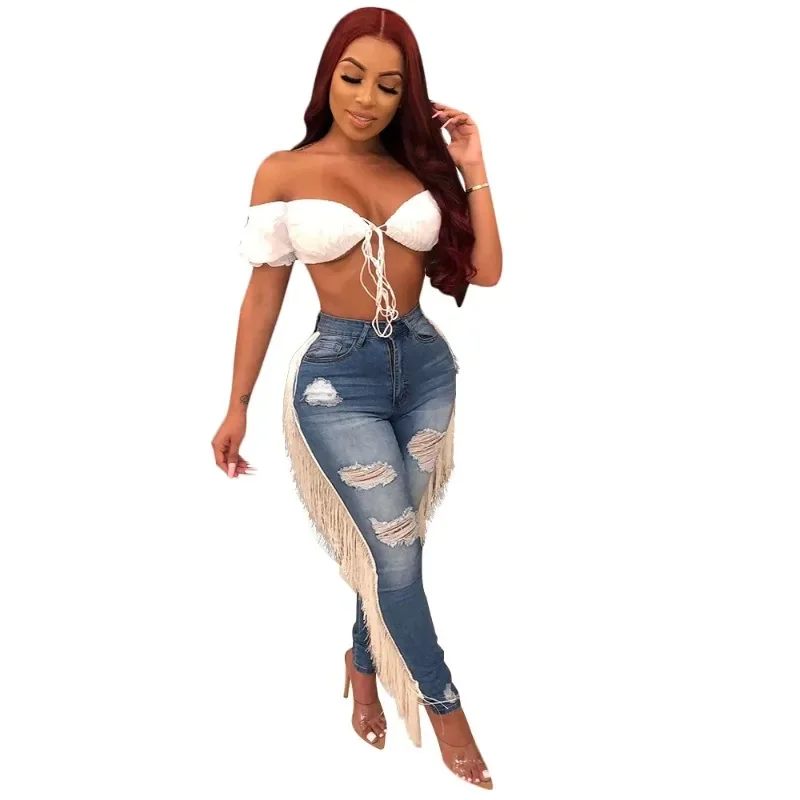 

Fashion Denim Tassels Skinny Pants Women High Waisted Hole Pocket Jean Trousers Casual Female Solid Cowboy Streetwear