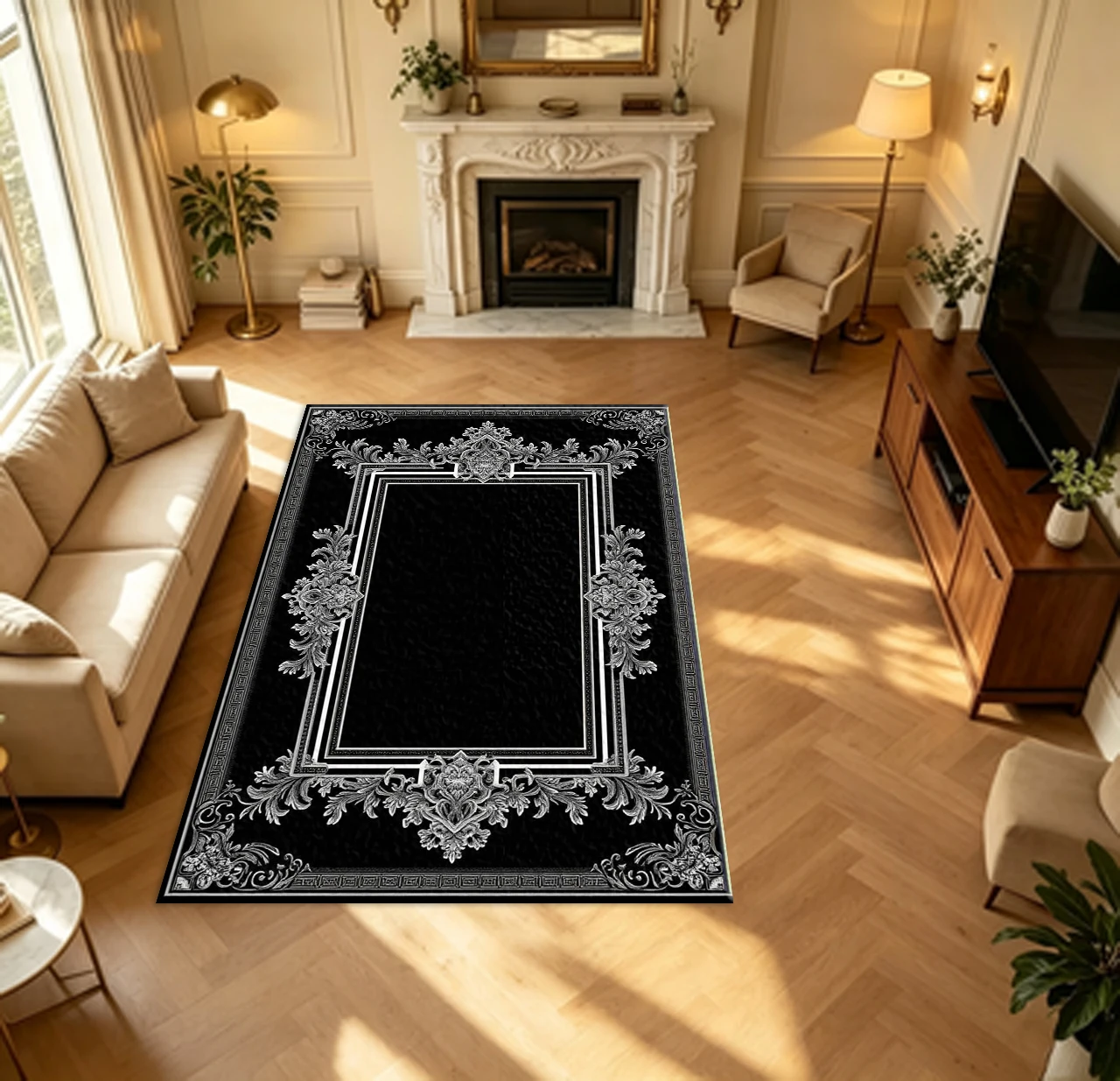 Black Background Silver Baroque Ornate Frame Carpet Flooring Vintage European Style Household Indoor Decor Area Rug