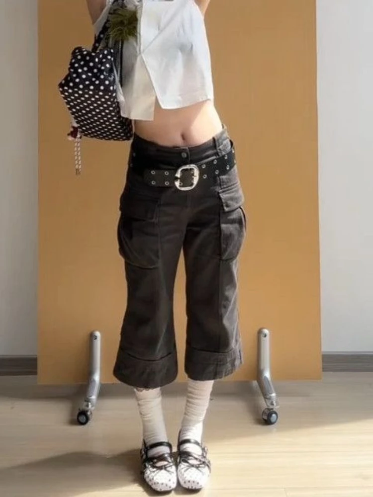 American Vintage Calf-Length Pants Pocket Cargo Washed Flare Y2k Retro High Waist Bodycon Cropped Trousers Women Streetwear