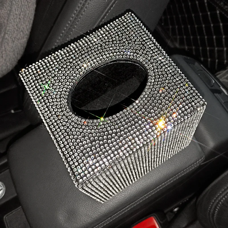 Full Diamond Shiny Square Tissue Box, Crystal Tissue Box, Exquisite Car Decoration Products, Car Interior Accessories