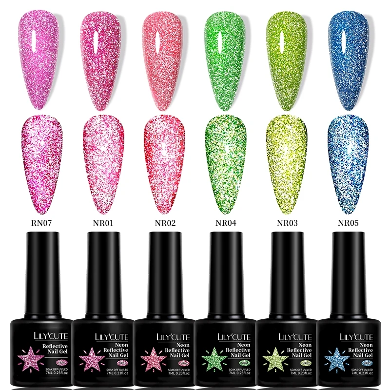 LILYCUTE 6PCS/SET 7ML Fluorescent Reflective Glitter Gel Nail Polish Summer Neon Super Shining Semi Permanent UV Gel Nail Art