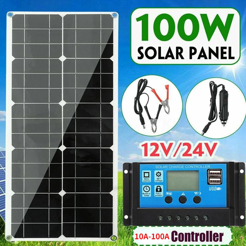 Flexible Solar Panel with Controller Cables Module, Solar Battery for Car, RV, Boat, Camping, Outdoor, 100W, 10A-100A, 12V, 24V