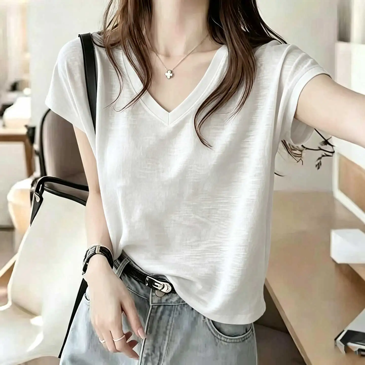 Trendy Korean Bamboo Cotton Short Sleeve V-Neck T-Shirt Women's Straight Cut Casual Versatile Fashion Top Breathable Comfortable