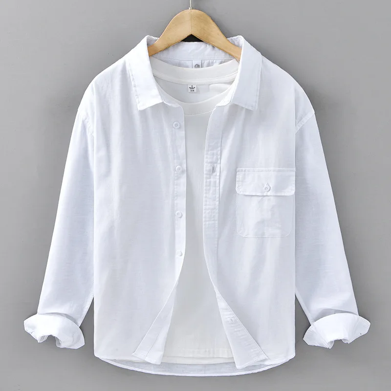 

Мужская дышащая повседневная рубашка из хлопка и льна, свободная посадка с длинными рукавами, однотонная универсальная повседневная одежда в богемном стиле