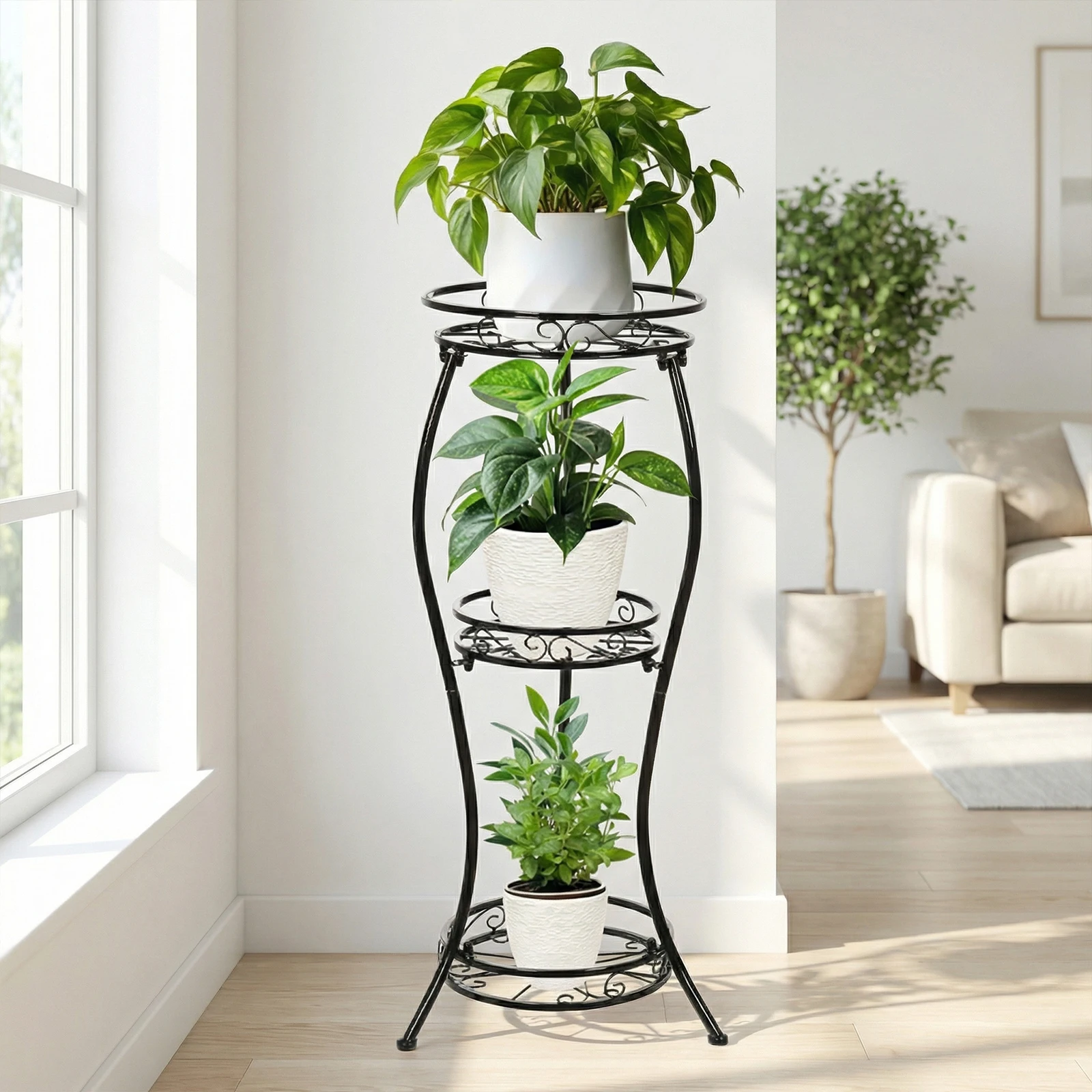 3 Tier 34 Inch Metal Plant Stand for Corner Patio Bathroom Office (Standard)