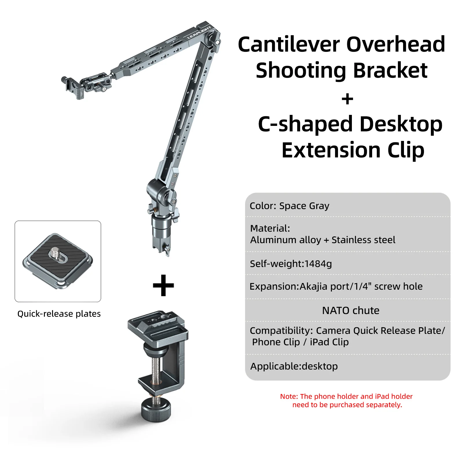 Overhead Camera Mount 360° Rotatable Cantilever Stand Articulating Arm with 1/4