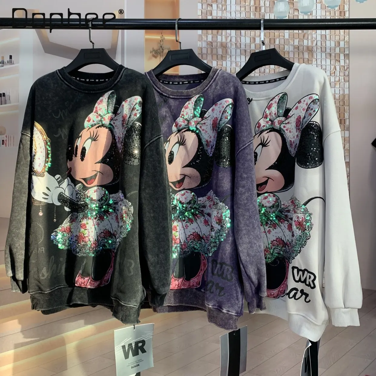 

Trendy Brand Autumn Winter Fleece Heavy-duty Rhinestone Loose Fashion Thickened Crew Neck Fleece Cartoon Sweatshirt for Women