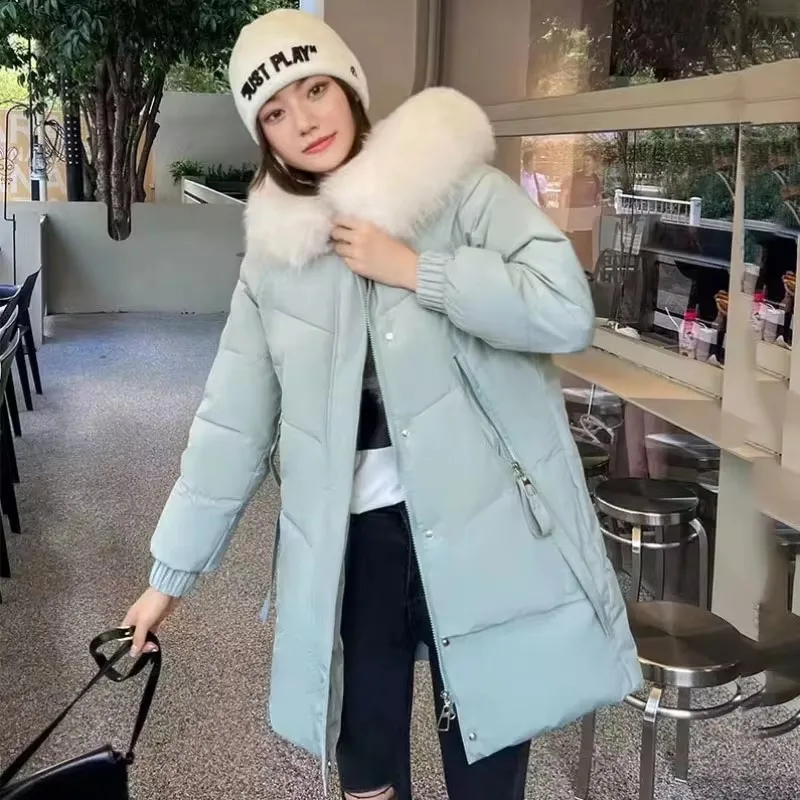 Women Parkas Winter New Mid-Long Casual Woman Jackets Ladies Fur Collar Hooded Cotton Padded Coat Parka Snow Wear Outwear Female