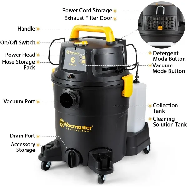 Vacmaster-Aspirateur à shampoing, VK609PFR 0201, 6 gallons, 5.5, Patricia HP, support 3 en 1, sec, solution