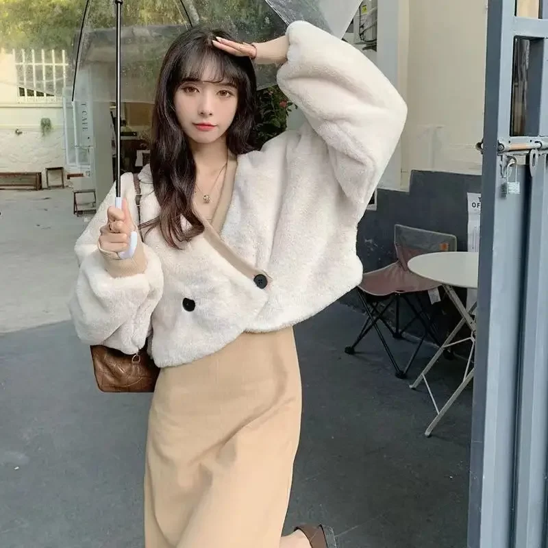 Herbst Winter Mäntel Frauen gemütlich warm elegant schöne koreanische Mode junge Stil Dame V-Ausschnitt weichen All-Match zarte einfache neue Jacken