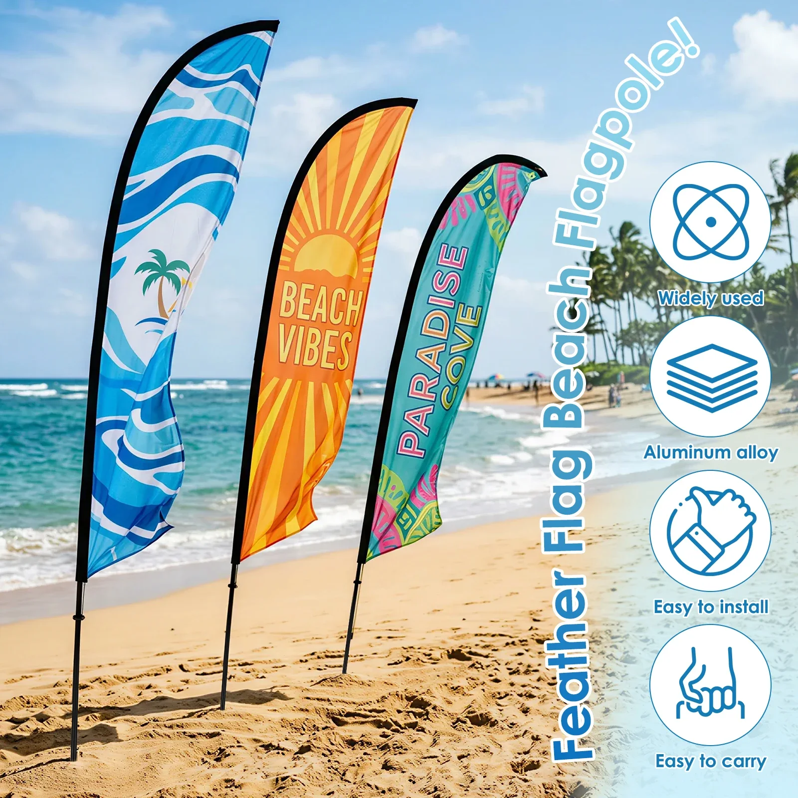 185cm Beach Feather Flag Pole Kit Aluminium Alloy Windproof Banner Flagpole with Ground Spikes for Outdoor Business Advertising