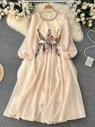 Women Vintage Party Long Dress Spring Autumn Round Necked Diamond Studded Bubble Long Sleeved A-line Dress Elegant Long Dresses