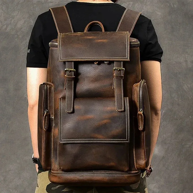 

Vintage Crazy Horse Genuine Leather Backpack Men Leather Bagpack Climbing Rucksack male Large Hiking Backpack M814 Mochila