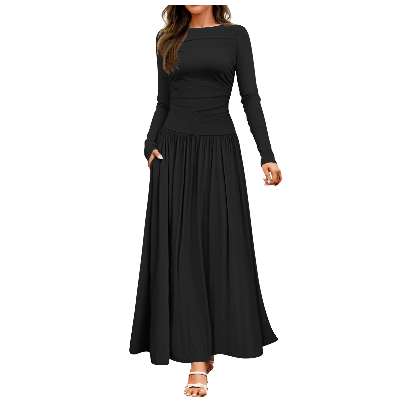 Vestidos adelgazantes con pliegues de parches lisos para mujer, cuello redondo, manga larga, cintura alta, temperamento minimalista, vestido femenino