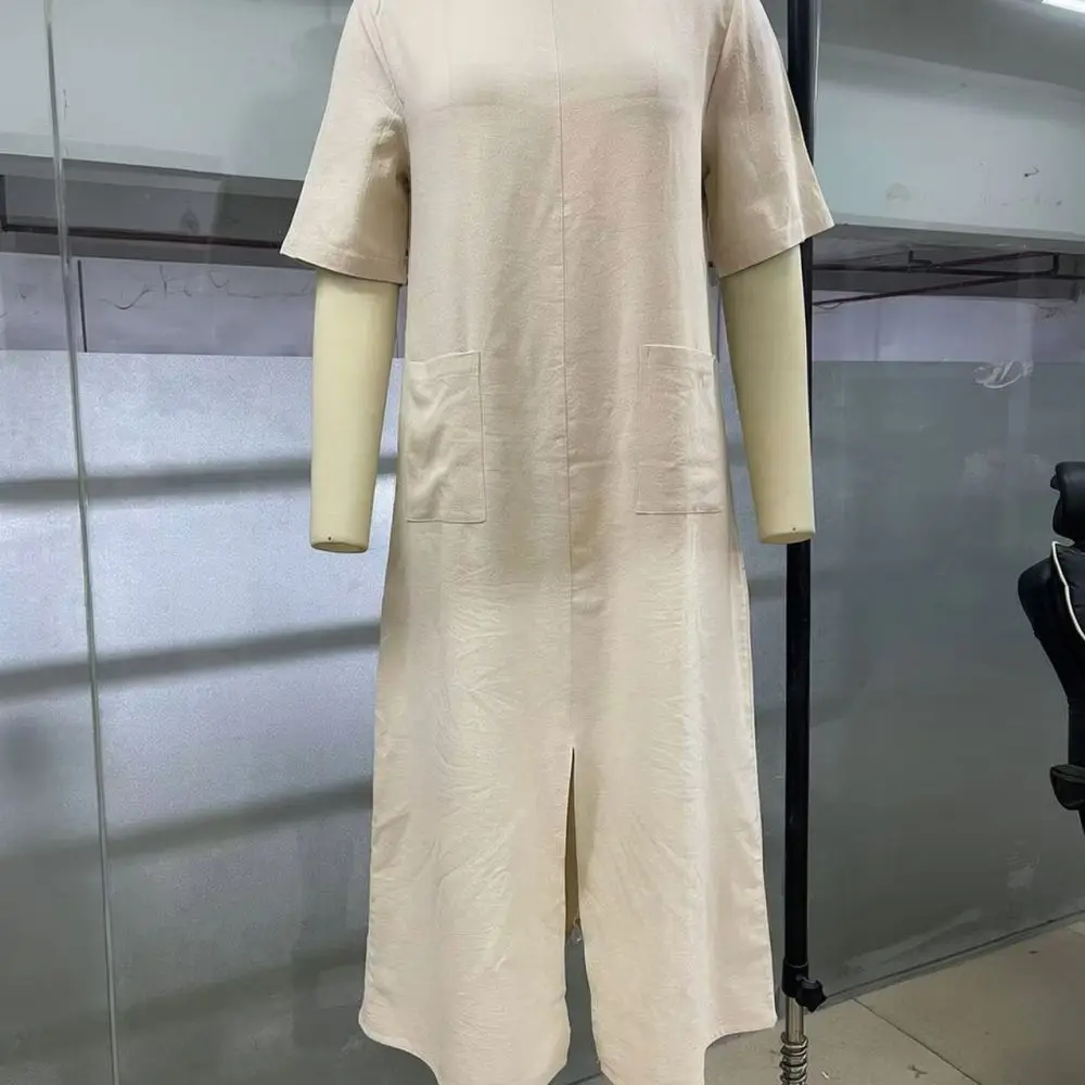 Casual Women Summer Dress Cotton Linen Loose Fit O Neck Short Sleeve Irregular Hem Solid Color Fashion Daily Gown