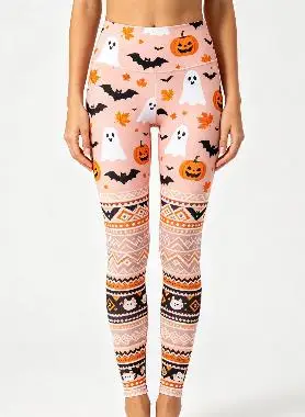 Women Mid‑Rise Fleece Lined Leggings, Pink Cute Halloween Pumpkin Ghost Bat All‑Over Print Slim Stretch Pants