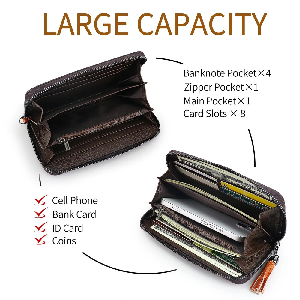 Women's Leather Wallet Large Capacity Genuine Cowhide Card Holder Phone Clutch Purse with Detachable Hand Strap 2025 New Retro