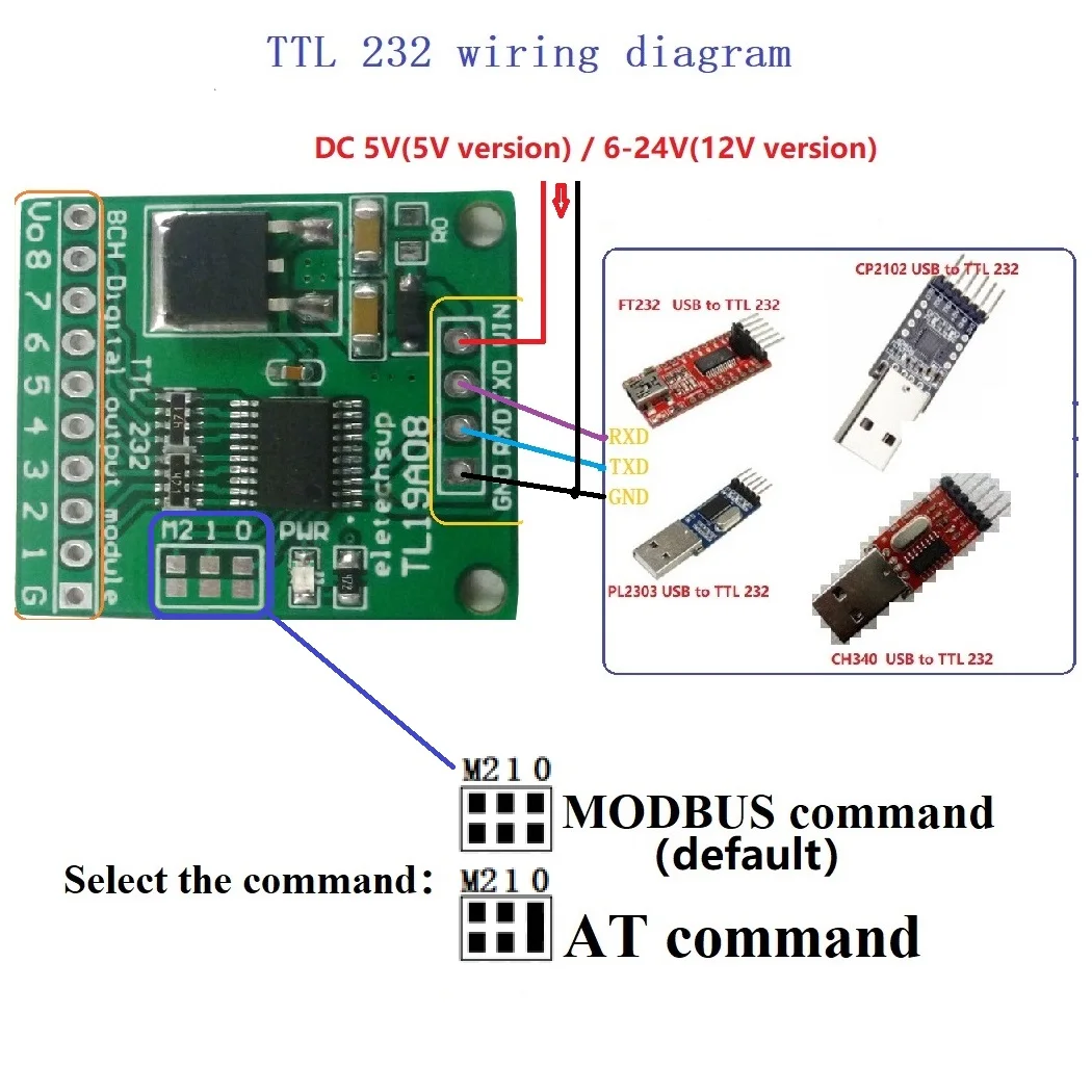 5pcs Modbus Rtu AT Command 8ch TTL232 UART IO Output Module for Relay PLC Breadboard