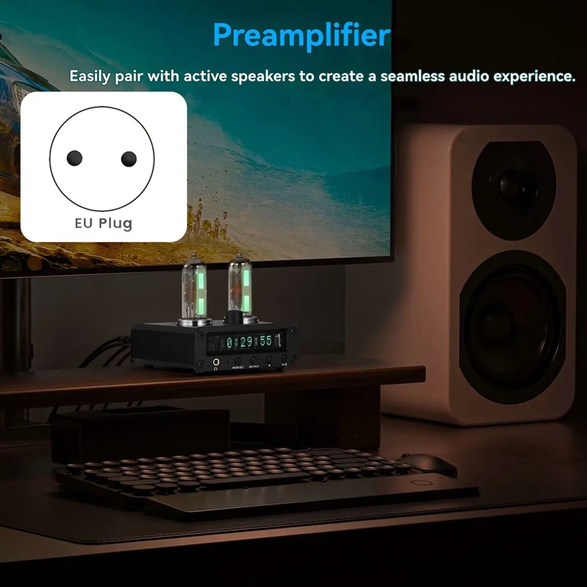 A32I P2-FM Magic 6E2 Preamp Stereo Headphone Amp with Sound Level Indicator FM Radio VFD Clock EU Plug