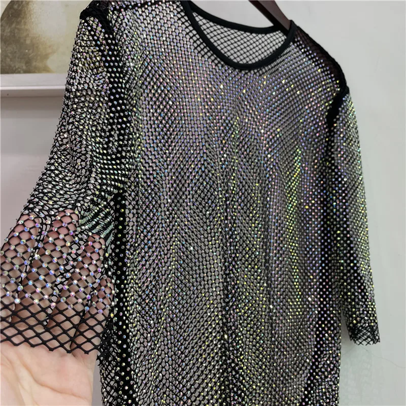 Shiny Diamonds Electric syllable Basic Shirt Ladies Temperament Slim Crystal round Neck half-Sleeved Sexy Party Club Top