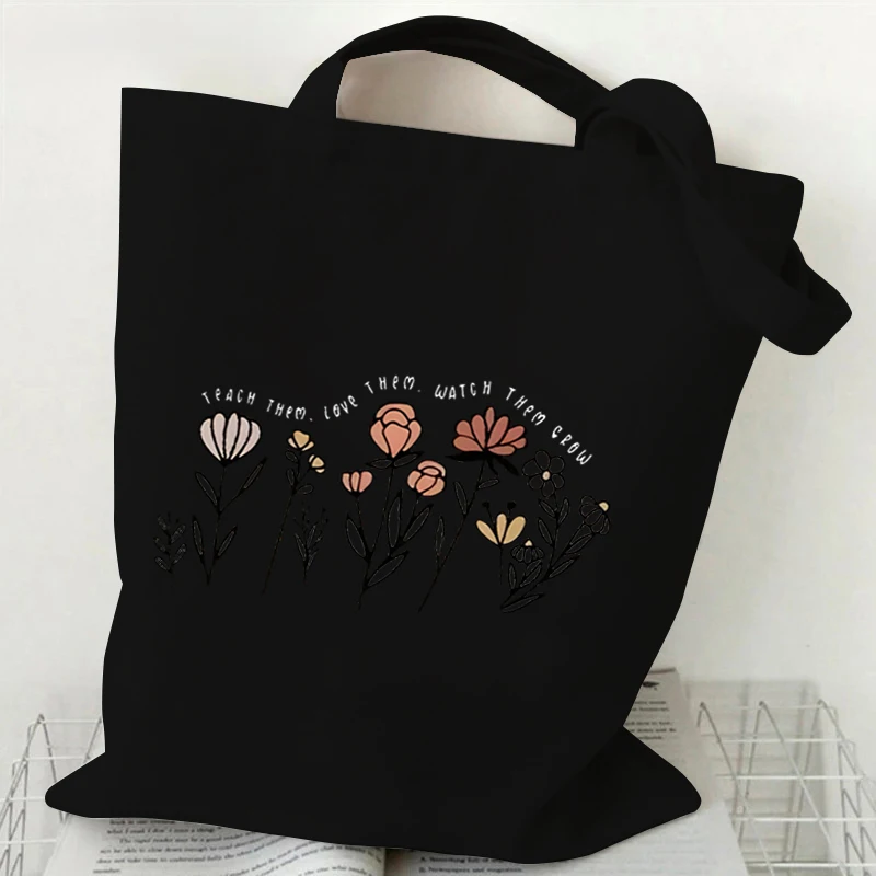 Vintage Style Wildflower Graphic Canvas Tote Bag Women Aesthetic Shopping Bags Floral Casual Teachers Gifts Plant Shoulder Bag