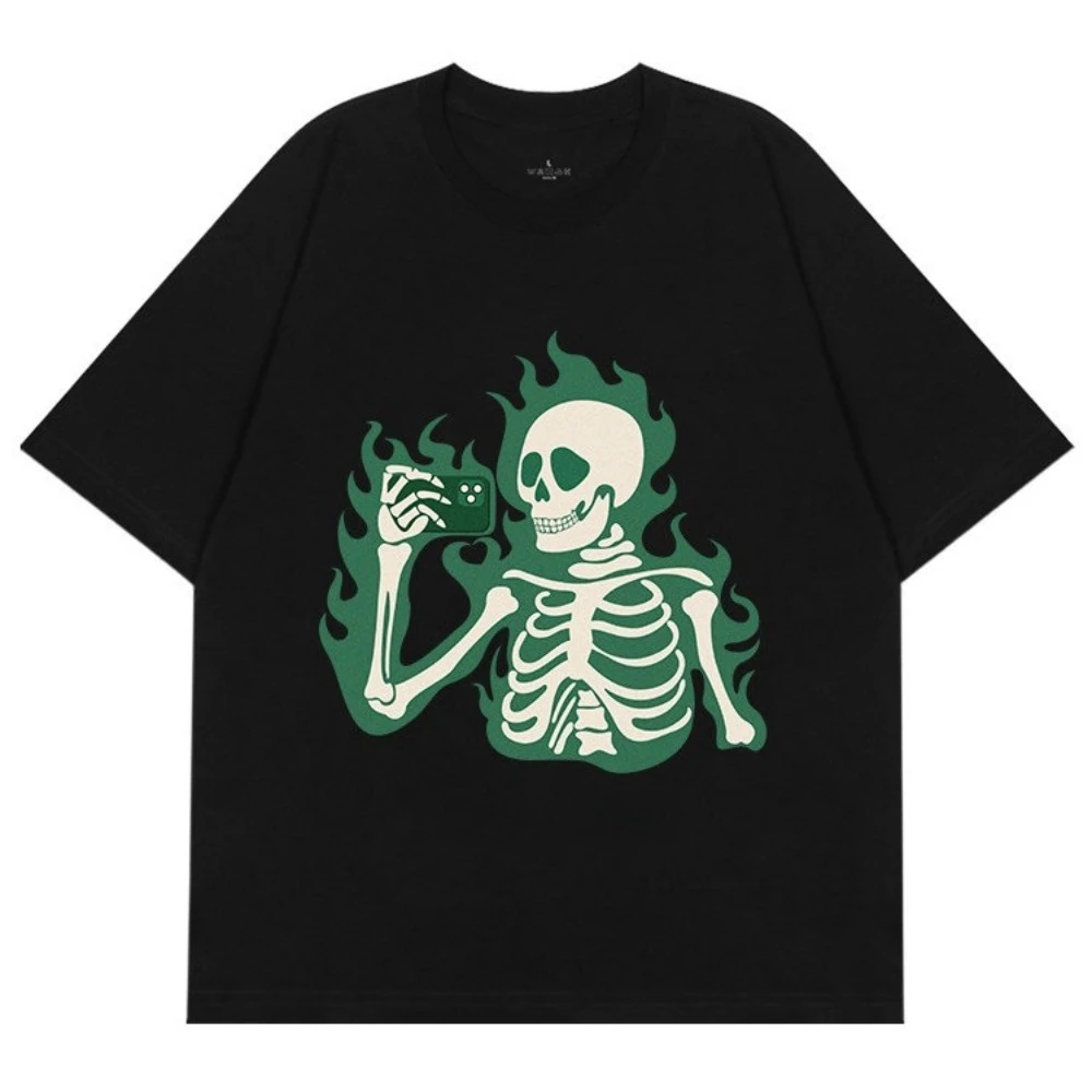 T-shirt Original Skull Photographer Y2K, motif squelette et appareil photo, manches courtes, style streetwear vintage américain, en pur coton, haut décontracté