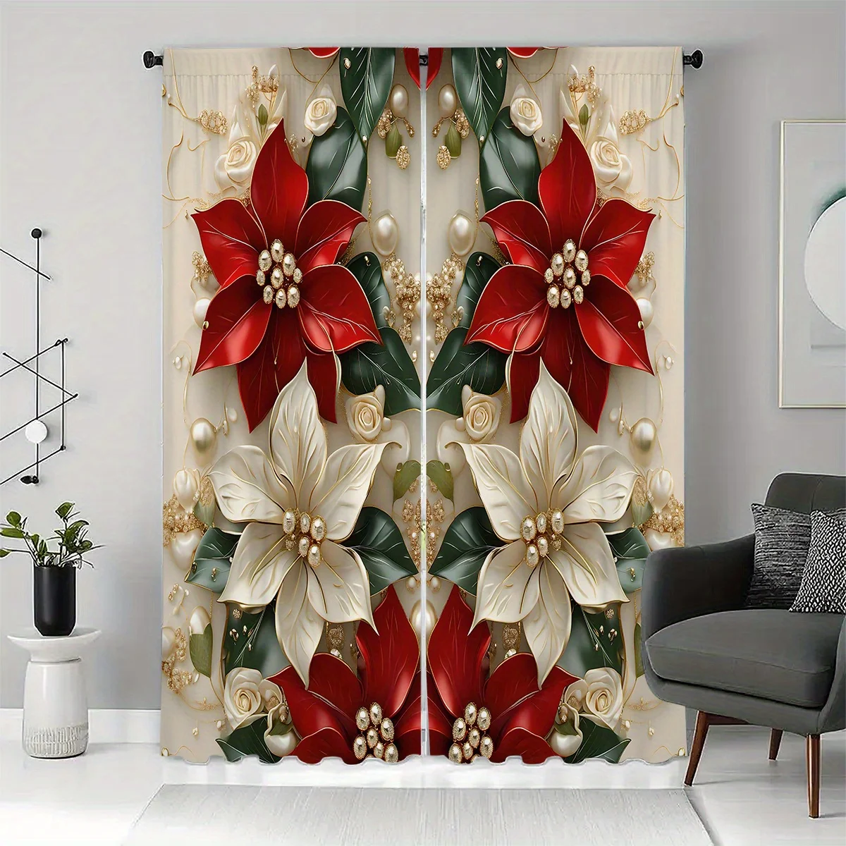 2pcs Red White 3D Floral Art Curtains, Semi-Transparent Polyester with Golden Accents for Living Room Bedroom Decor