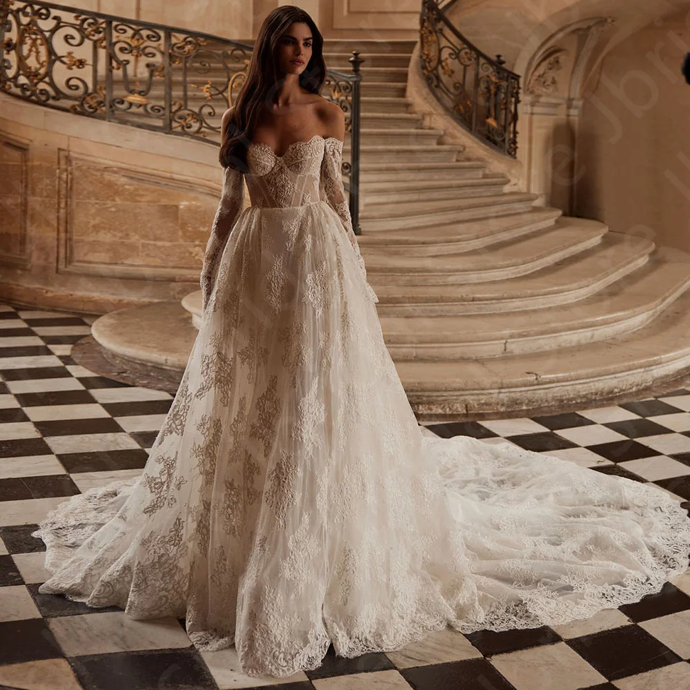 

Customized New Luxury Wedding Dresses Lace Bridal Gowns Off Shoulder Sleeve Bride Dresses Sweetheart Wedding Gowns Corset Back