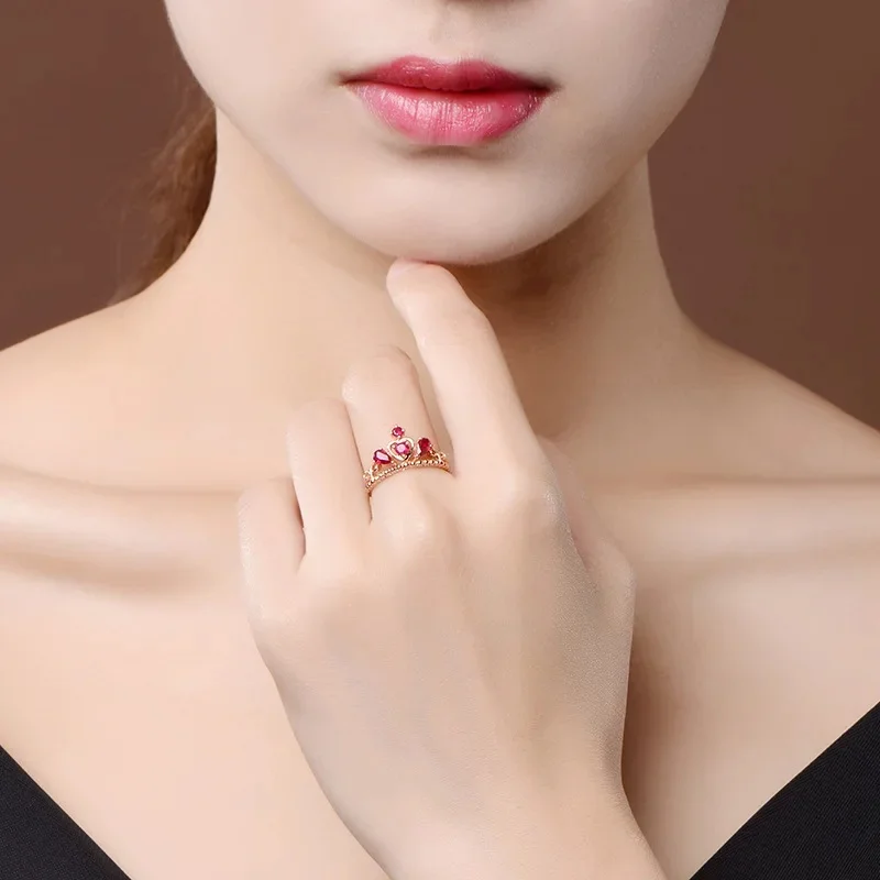 Korean-style Crown-style rich crimson tourmaline gemstone ladies' fashionable and simple 925 sterling silver ring. Jewelry gift.