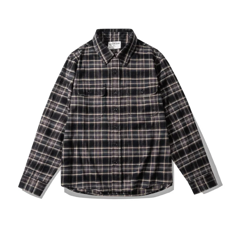 OKONKWO Heavy Thick Plaid Shirt Lightly Brushed Amei Khaki American Men's Retro Long Sleeve Outdoor Trekking Lovers