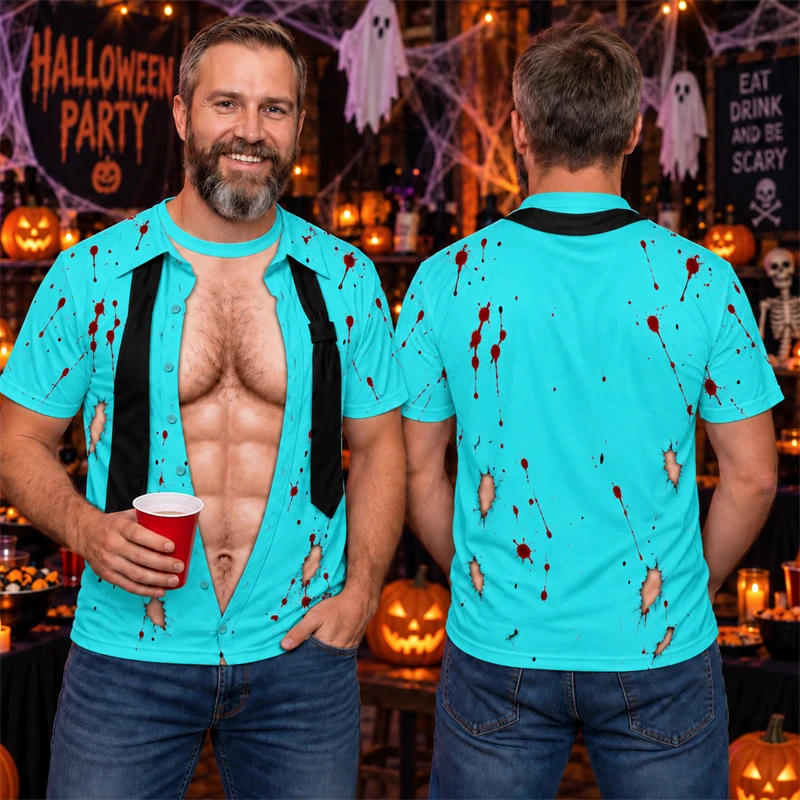 Men Halloween Funny T Shirt Short Sleeve Crew Neck 3D Print Fake Muscle Chest Tie Blood Splatter Novelty Party Costume Tee Top