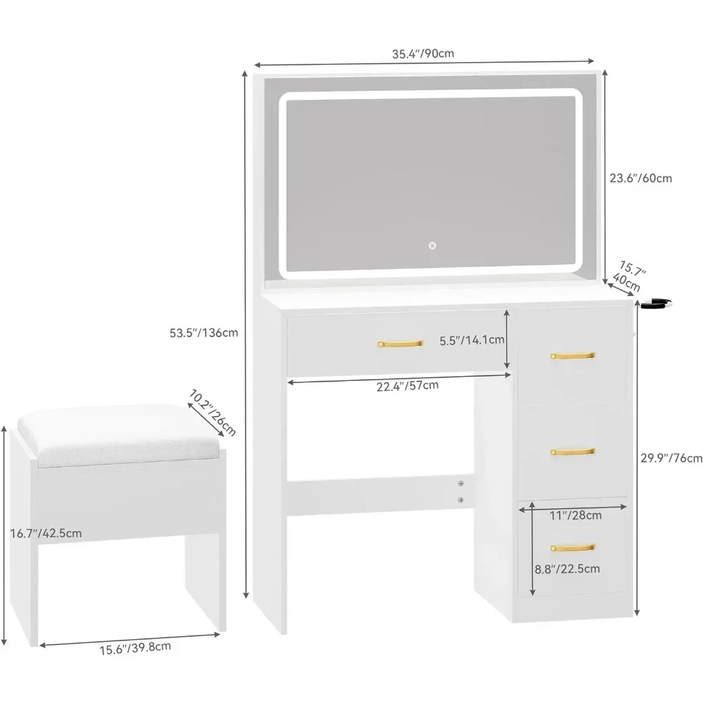 Bureau de maquillage avec grand miroir 4.2 avec prise de courant et bande LED, 3 modes d'éclairage pour documents, luminosité réglable