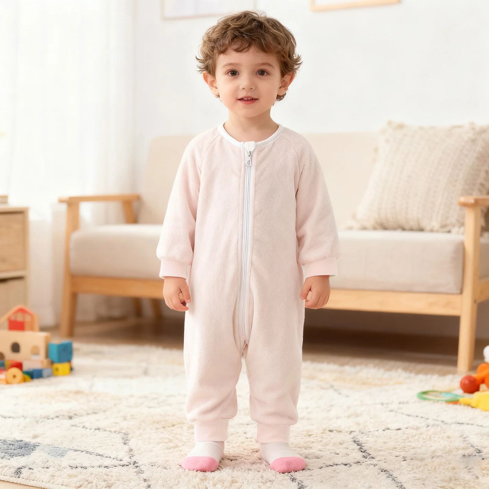 ملابس أطفال أولادي وبناتي رومبير من الفلانيل ملابس منزلية للخريف والشتاء بأكمام طويلة بلون سادة وسحاب بذلة ملابس نوم ملابس للاستلقاء