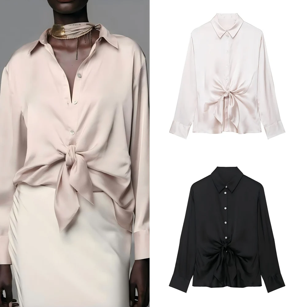

Women's 2025 new fashion bow decoration casual satin texture shirt retro long sleeved button up women's shirt chic top