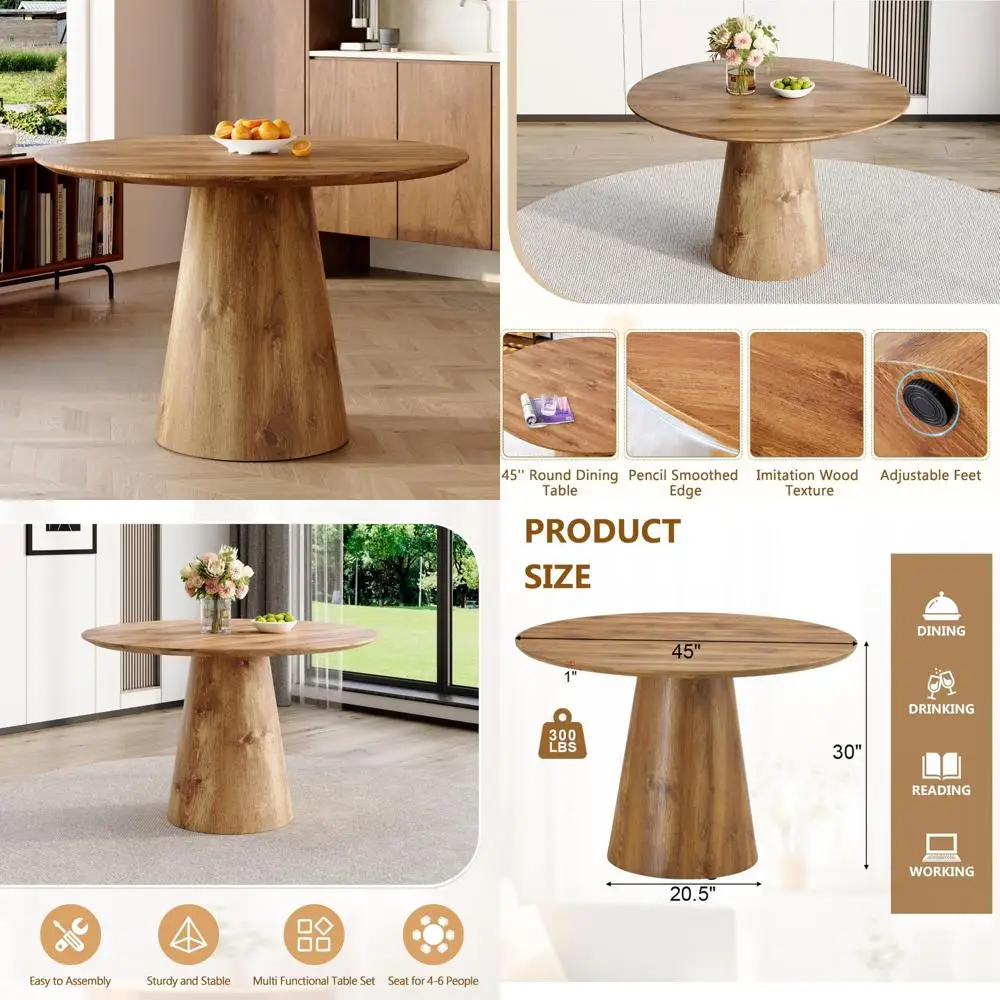 طاولة طعام خشبية دائرية مقاس 45 بوصة تتسع لـ 4-6 أشخاص، قاعدة بقاعدة، أثاث مطبخ ثابت ومتين