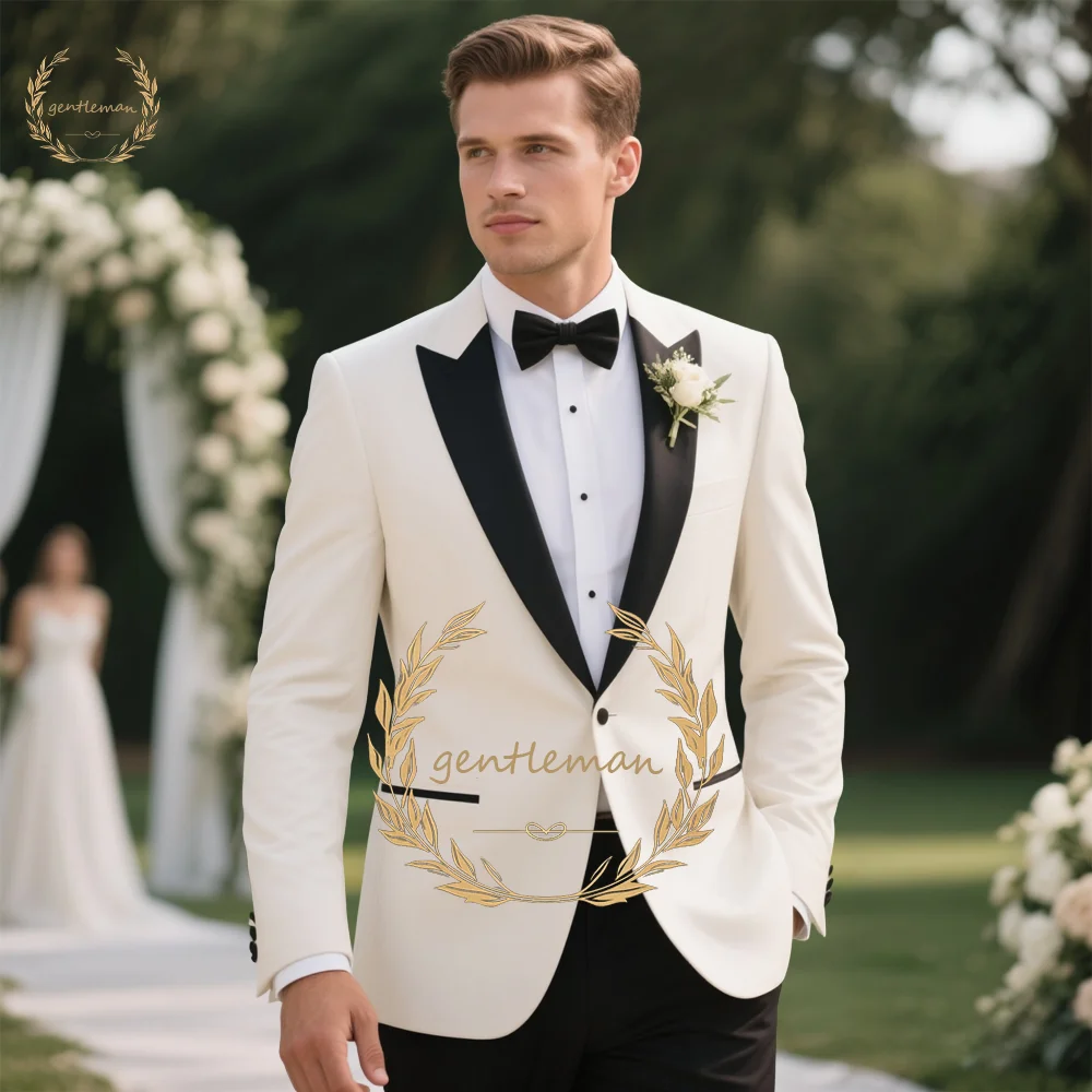 Black Peak Lapel Single Button Wedding Suit Set with Ivory Blazer & Pants Formal Groom Attire Contrast Custom Tailored