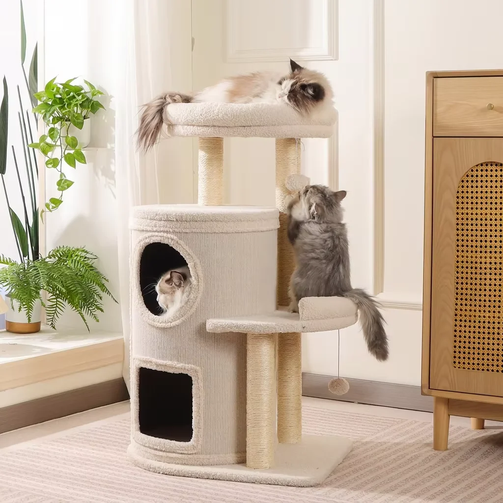 Eco-friendly Multi Level Cat Tree with Double Cat Cave Plush Perch Platform Sisal Scratching Posts Stable Cat Activity Tower OEM