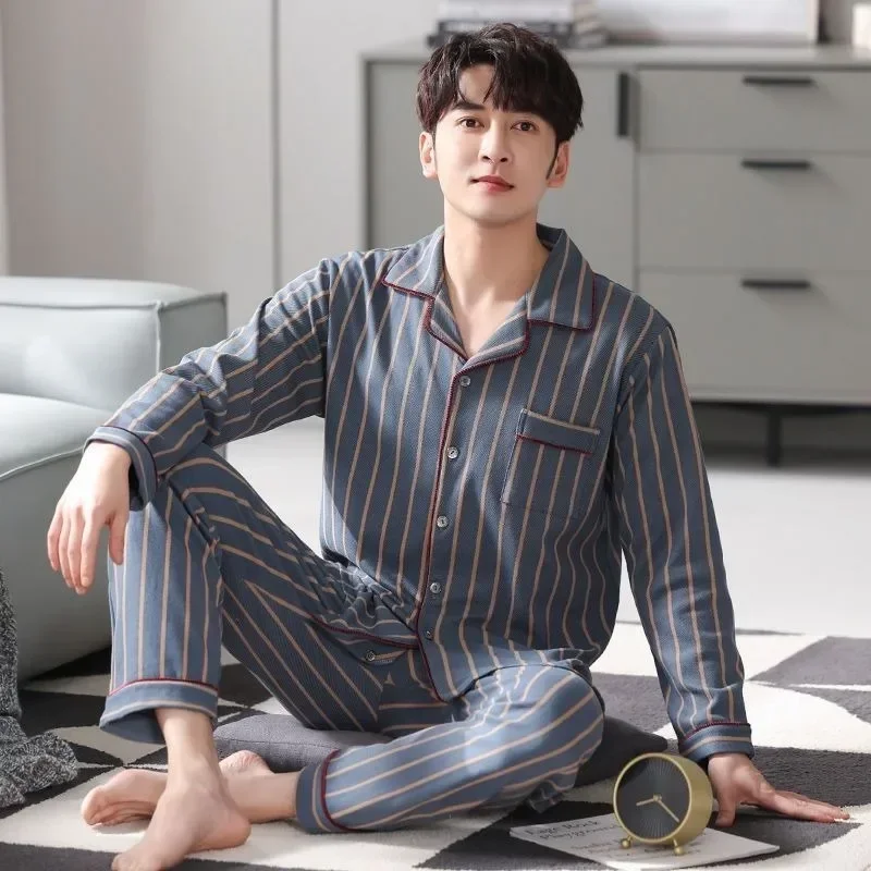 Plaid Men Pyjamas Fall and Winter Imitation Cotton Long Sleeve Plus Size Striped Cardigan Top Trousers Sleepwear Homewear