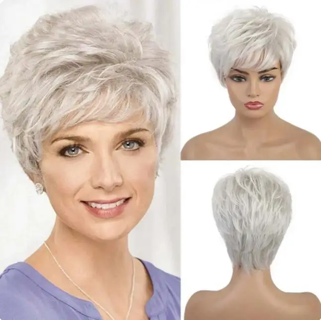 Silver White Wig Short  Synthetic Wigs for White Women Fake Hair Mum Wig with Bangs High Temperature Fibre