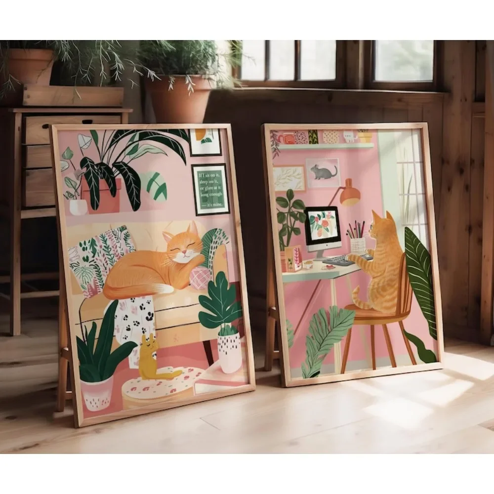 2pcs frameless Canvas Painting Set of 2 Cat Prints,Office Wall Art,Gift for Cat Lover,Trendy Office Wall,Cat Home Office Decor,B