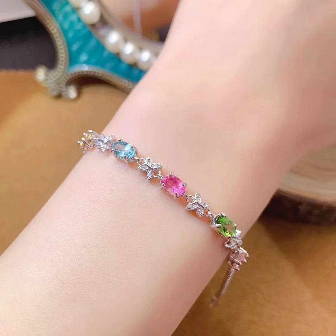 Dazzling 925 Silver Tourmaline Bracelet 4mm*6mm Multi-color Natural Tourmaline Silver Braceket Birthday Gift for Women