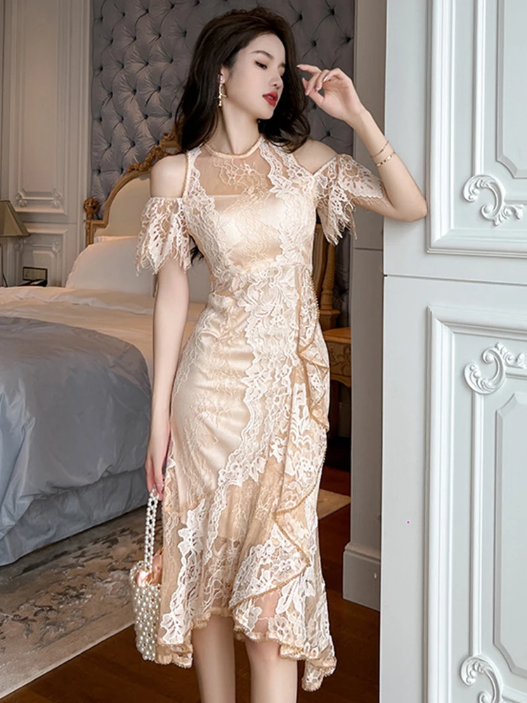 Vêtements pour femmes Robe Socialite élégante dame Sexy broderie volants épaules nues queue de poisson Robe Feminino fête bal robes