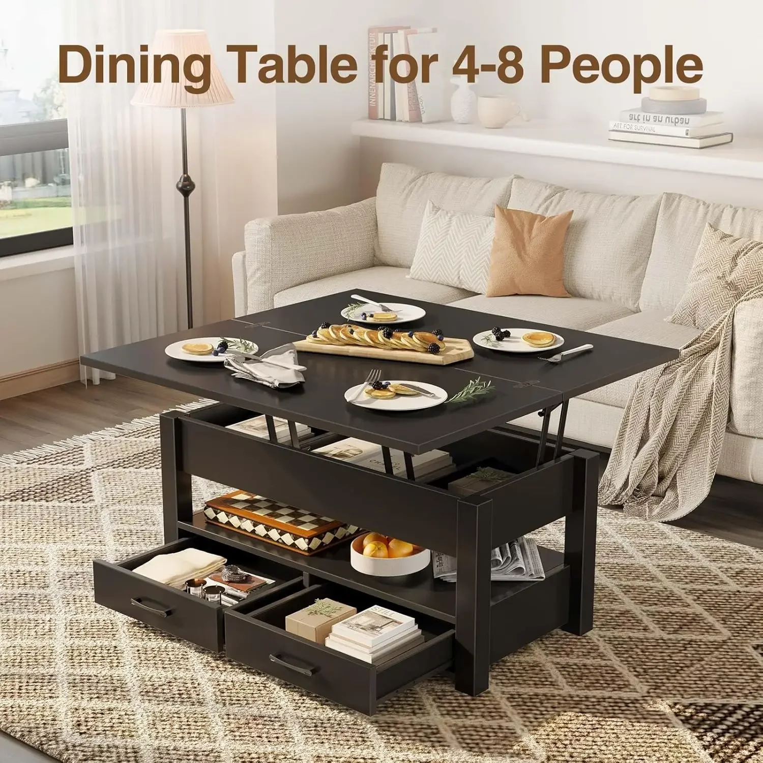 Mesa de centro con tapa elevable, cajones y compartimento oculto, mesa de centro, mesa de comedor para sala de estar, oficina en casa, negro